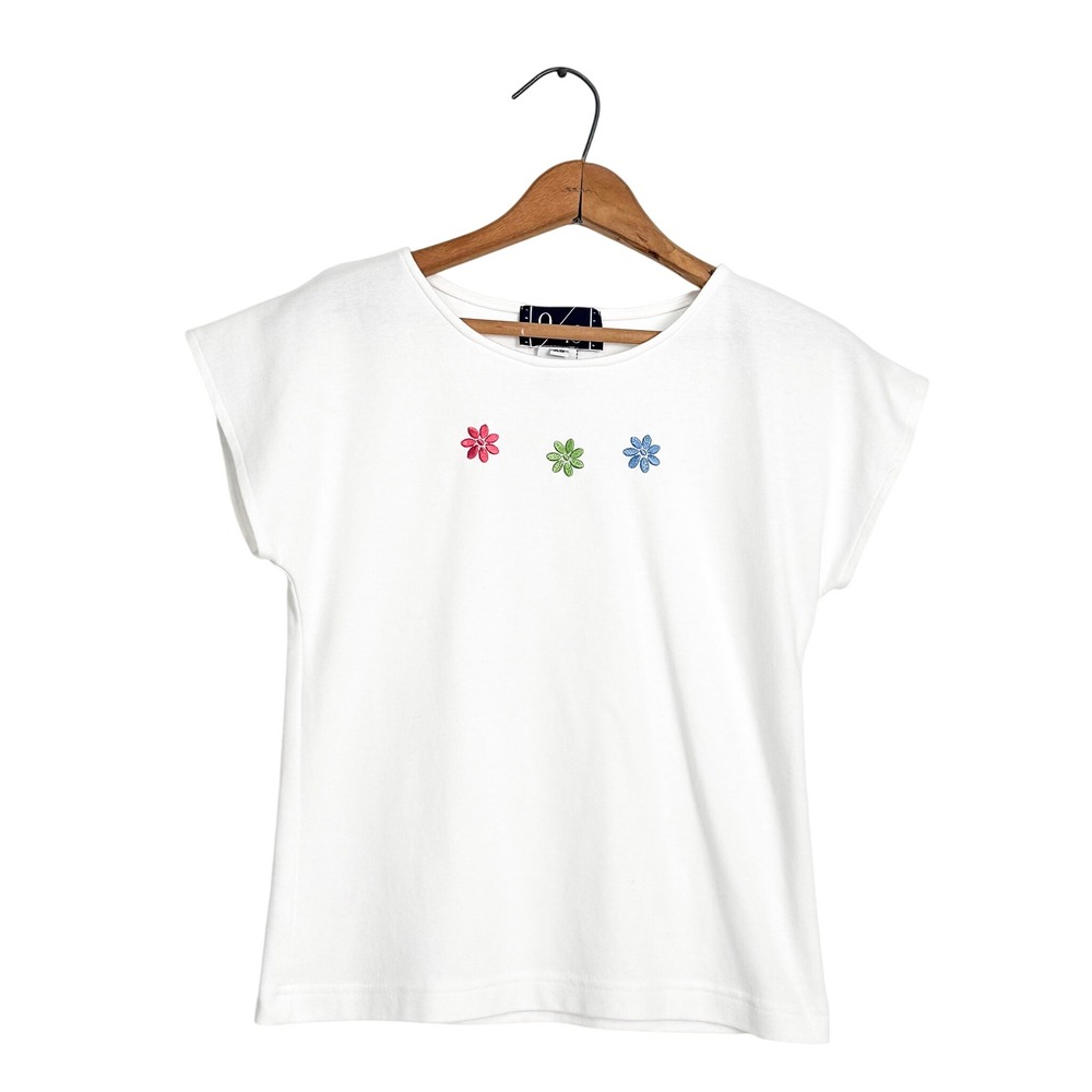 Vintage 90s "Louei Forty" Embroidered Flower Crop Tee –‎ 100% Cotton - Size XS